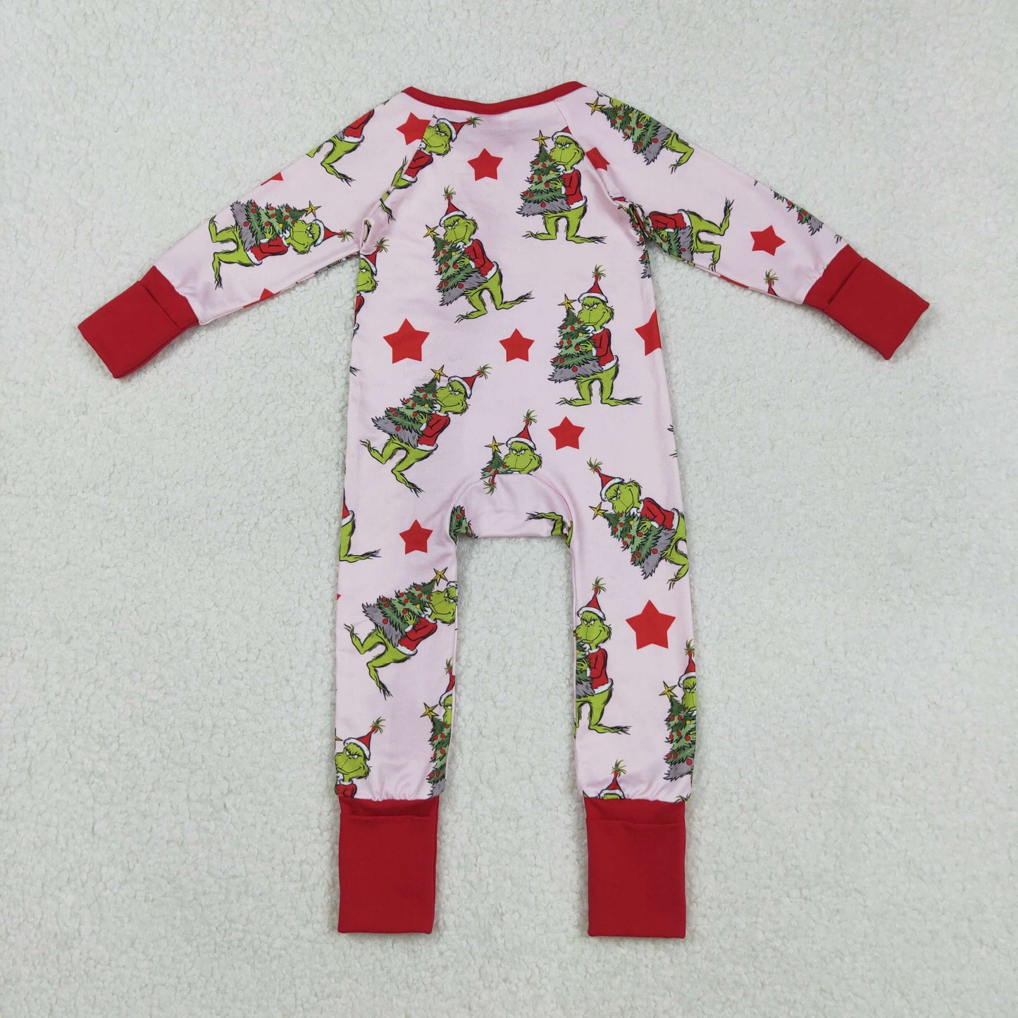 RTS NO MOQ(In Stock) LR2496 Christmas cartoon tree star red lace pink zipper long-sleeved bodysuit