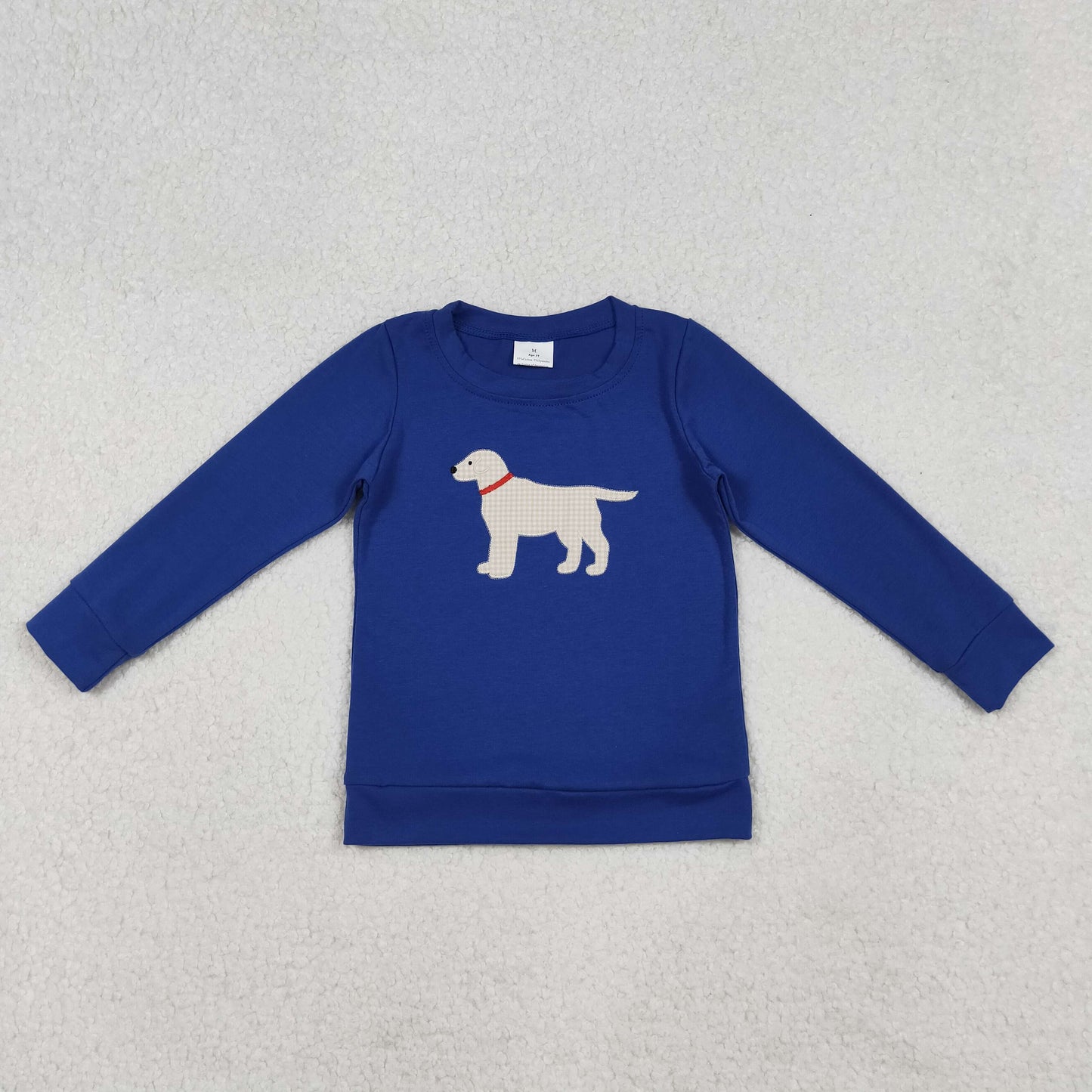 RTS NO MOQ(In Stock) BT1333 Embroidery Long Sleeve Royal Blue Top with Puppy Pattern