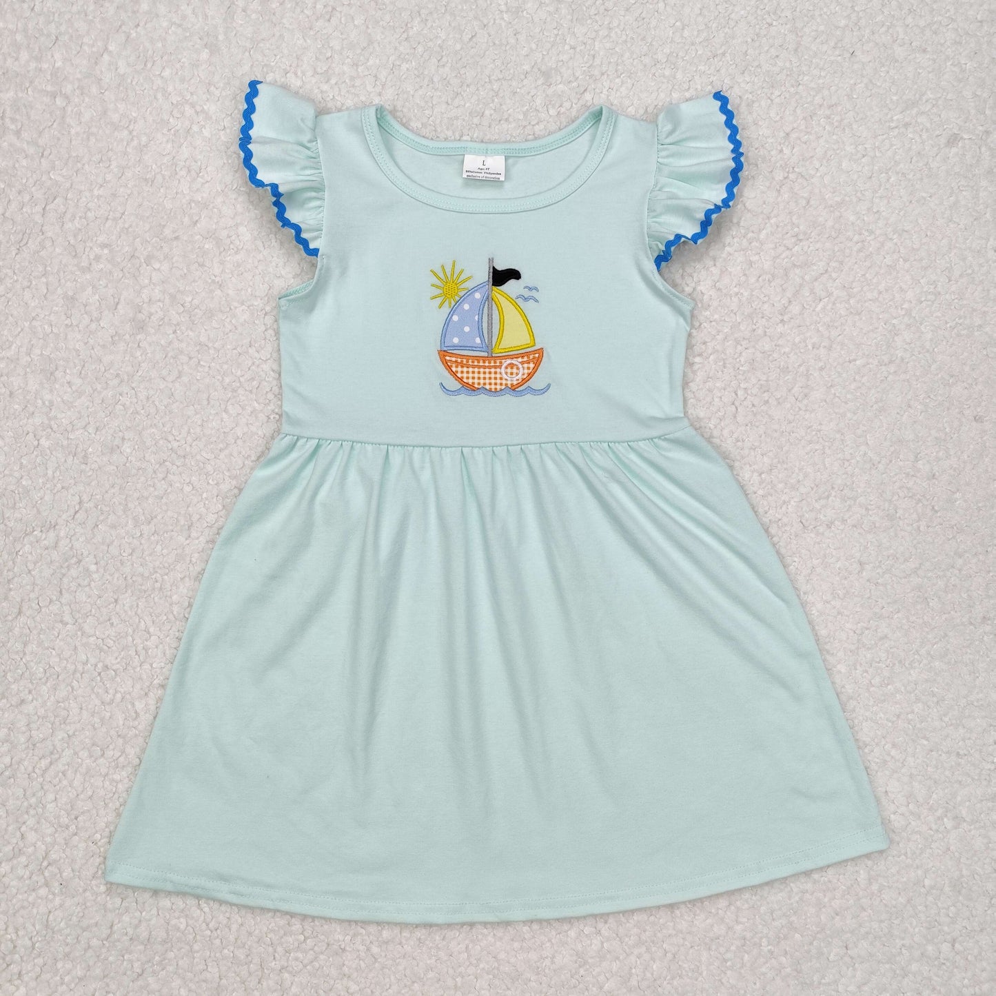 RTS NO MOQ(In Stock) Embroidered sun sail blue flying sleeve dress