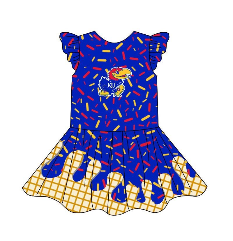 custom moq 3 eta 6-7weeks baby girls clothes team dark blue flying Sleeves Dress