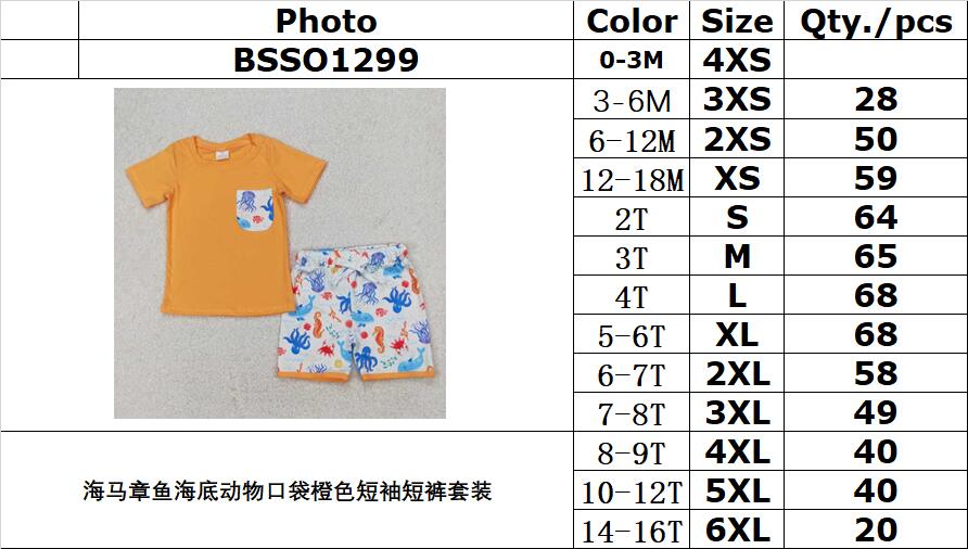 RTS NO MOQ ETA 5/7days Arrived BSSO1299 Seahorse octopus underwater animal pocket orange short-sleeved shorts suit