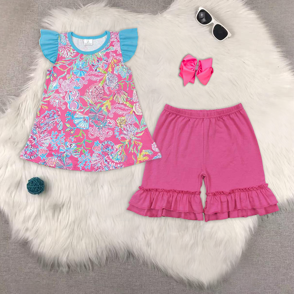 RTS NO MOQ GT0564+SS0281 floral pattern rose red Flying Sleeve Top Light rose red lace shorts sets