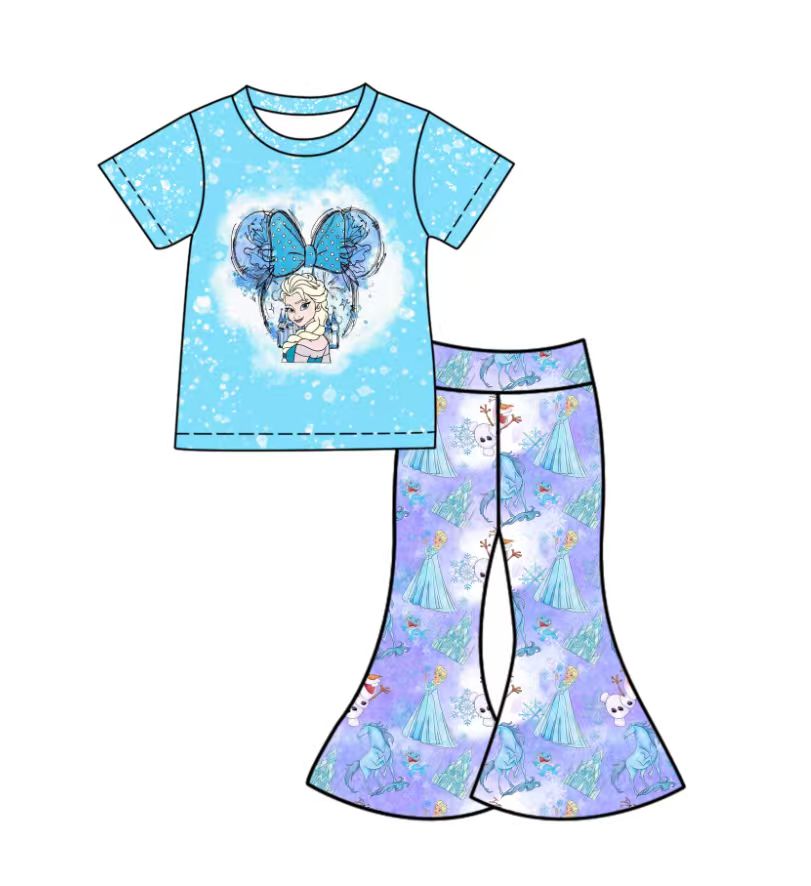 Custom moq 5 mix size milk silk baby girl clothes cartoon bow blue short sleeve pants sets