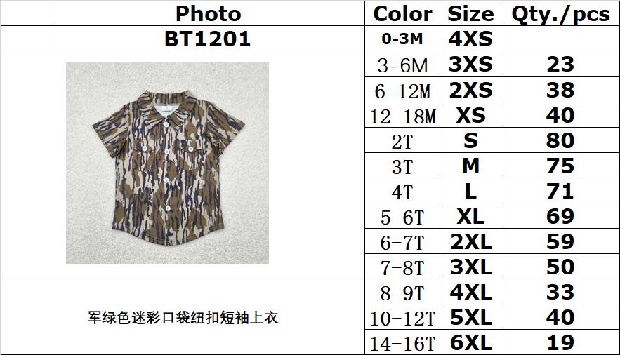RTS NO MOQ BT1201 Army Green Camouflage Pocket Button Short Sleeve Top