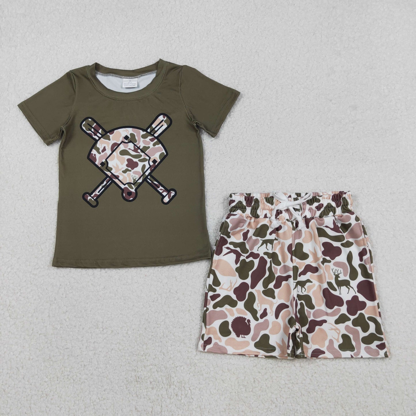 RTS NO MOQ(In Stock) Duck and puppy camouflage fan baseball short-sleeved top shorts set