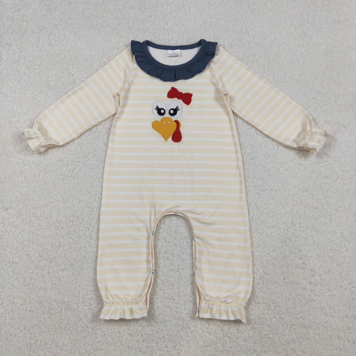 RTS NO MOQ(In Stock) LR2424 Beige Long-Sleeved Bodysuit with Embroidered Turkey Stripes and Blue Lace