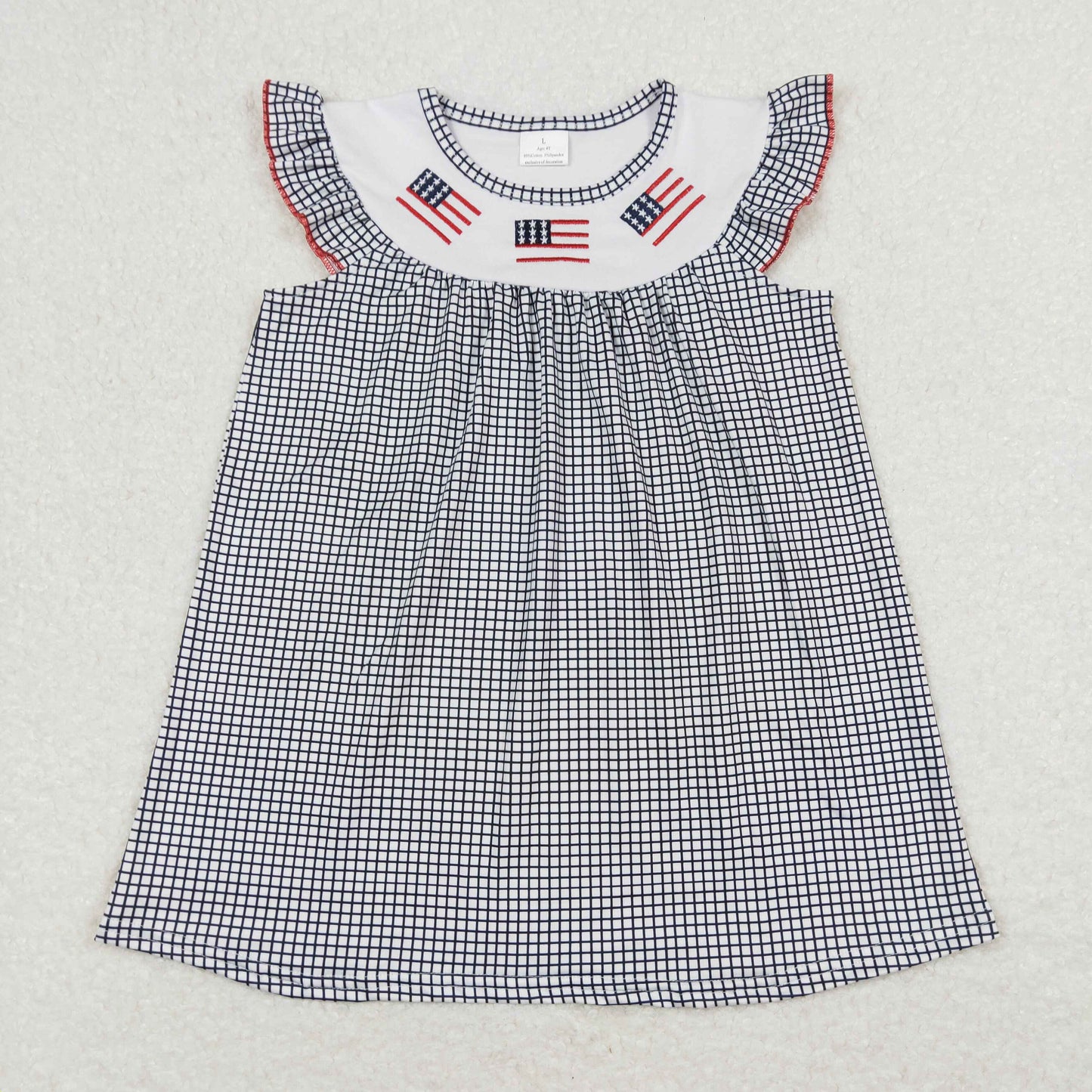RTS NO MOQ(In Stock) Embroidered flag black and white plaid flying sleeve dress