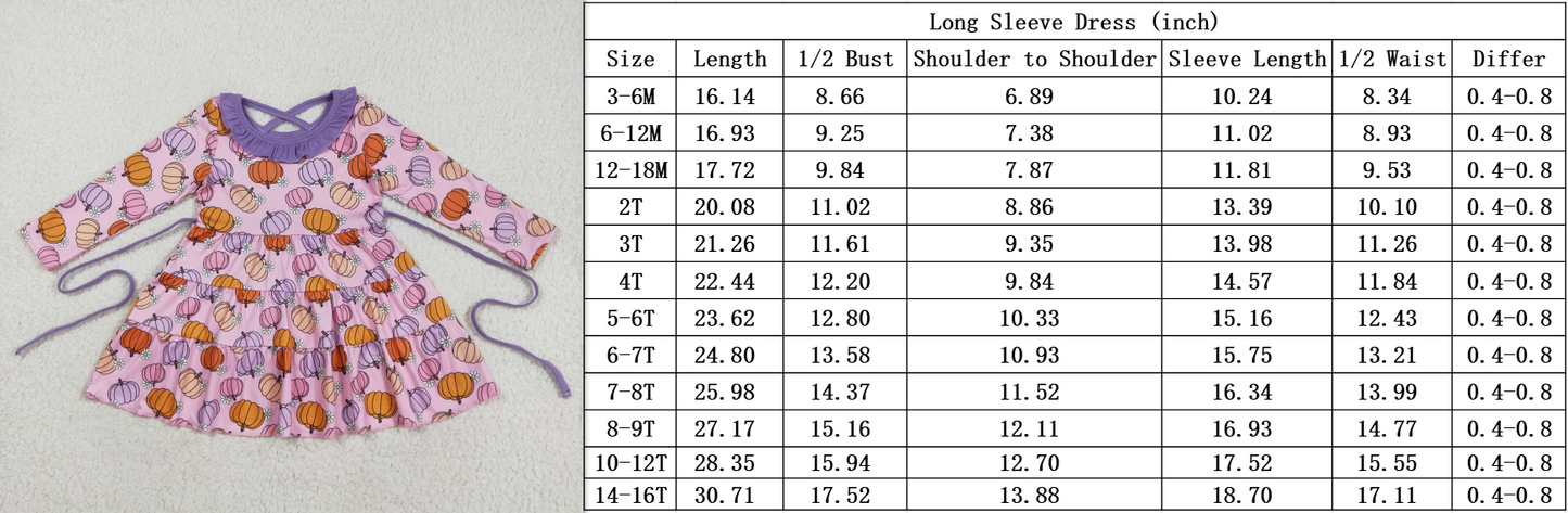 RTS NO MOQ(In Stock) GLD1032 Pumpkin Blossom Purple Lace Belt Long-Sleeved Pink Dress