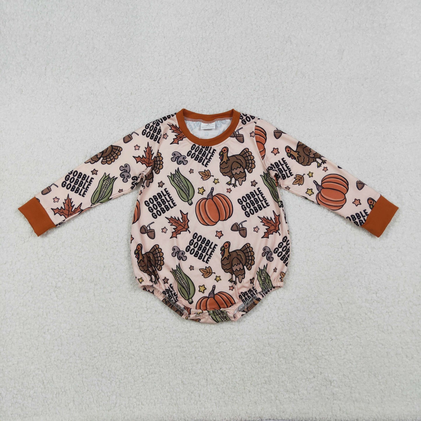 RTS NO MOQ(In Stock) LR2447 Gobble turkey, corn, and pumpkin long-sleeved bodysuit