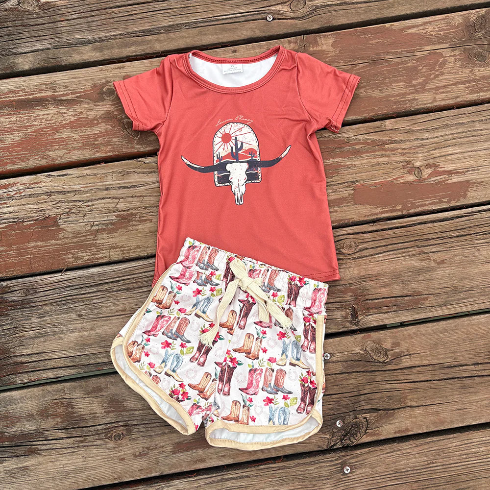 RTS NO MOQ Baby Girls Western Cow Skull Themed Outfit Set Casual Wear Shirt Boots Shorts Set for Little Cow Skull Fans