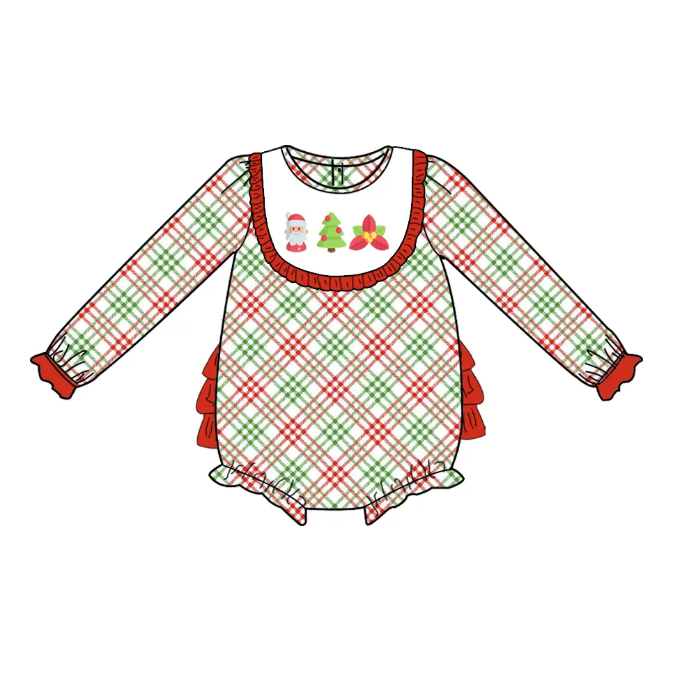 Custom moq 3 eta 6-8 weeks Red, green and brown three-color diagonal plaid pleated round neck long-sleeved shorts jumpsuit