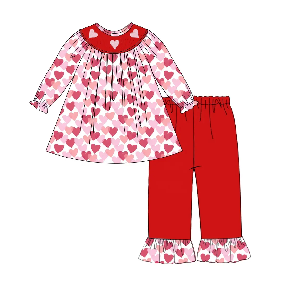 Custom moq 3 eta 6-8 weeks Pink-Red Heart Print Long Sleeve Top-Red Pants Set