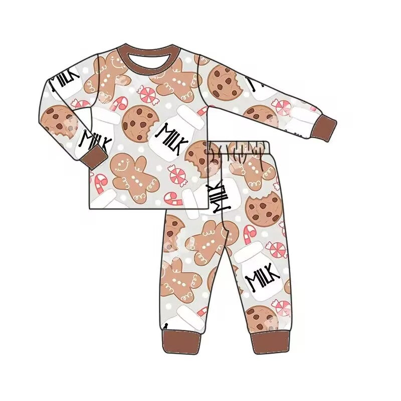 Custom moq 3 eta 7/8week moq 5 eta /4/5week Biscuit Bear-Cookie Milk Candy Pattern Dark Brown Long Sleeve Suit