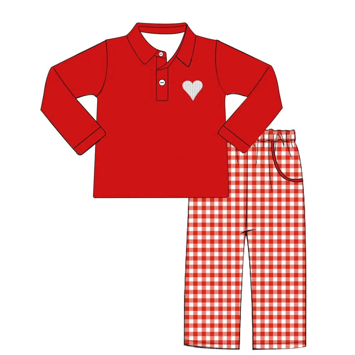 Custom moq 3 eta 6-8 weeks Red buttoned pullover with embroidered heart pattern and red and white plaid trousers set