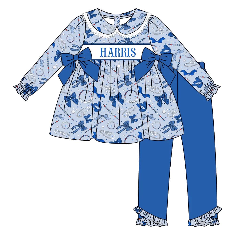 Custom moq 3 eta 7/8week moq 5 eta /4/5week Pearl necklace jewelry pattern blue bow decoration long sleeve suit