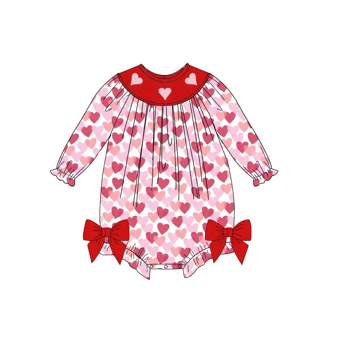 Custom moq 3 eta 6-8 weeks Pink-red heart print bow-decorated long-sleeved romper
