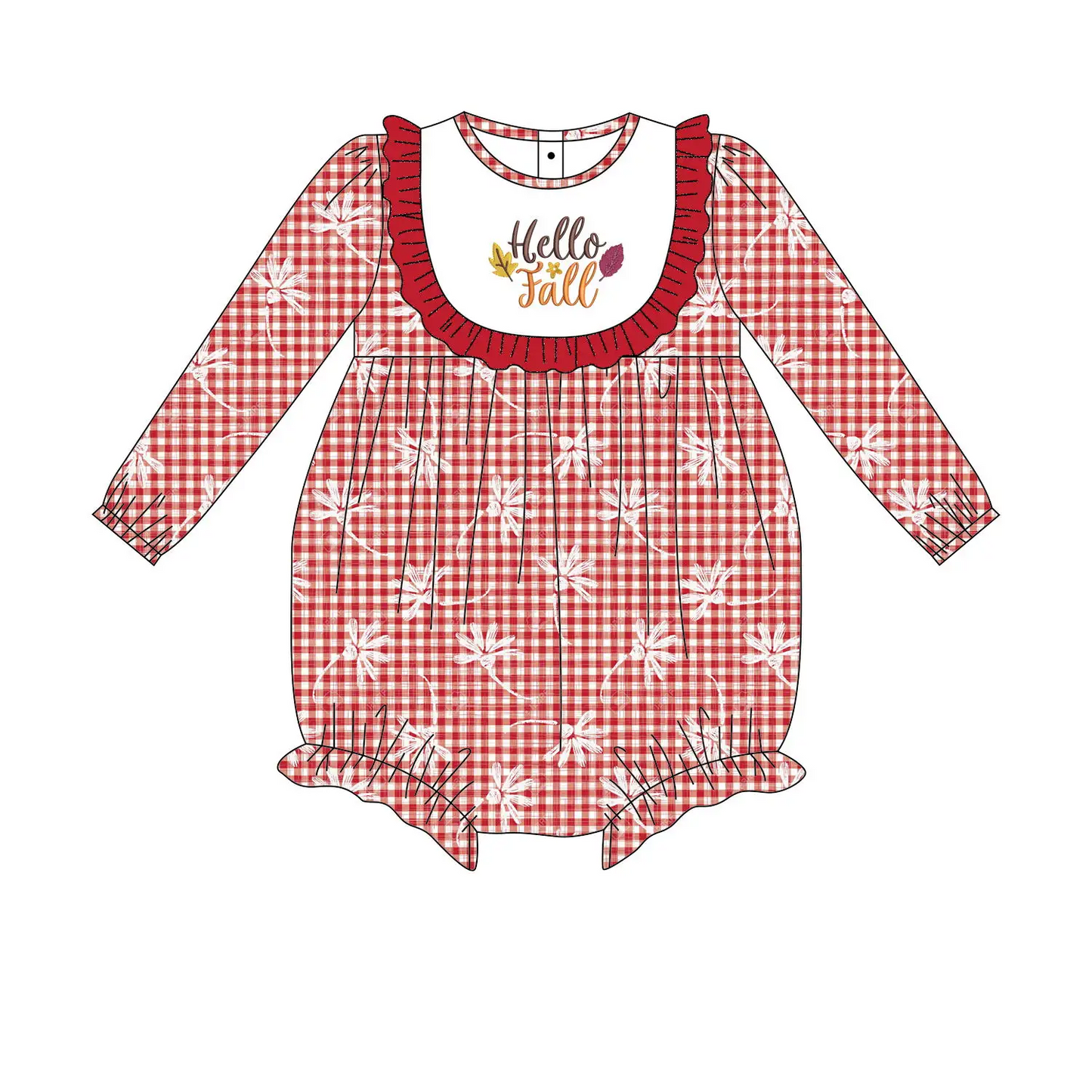 Custom moq 3 eta 7/8week moq 5 eta /4/5week White dandelion pattern red plaid long-sleeved short romper