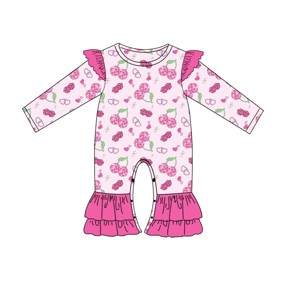 Custom moq 3 eta 6-8 weeks Pink Plaid Cherry-Heart Pattern Flying Sleeve Long Climbing Dress