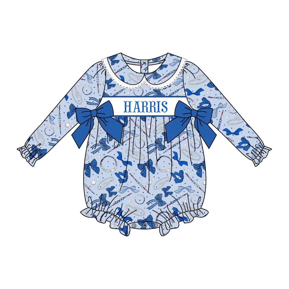Custom moq 3 eta 7/8week moq 5 eta /4/5week Pearl necklace jewelry pattern blue bow decoration lace edge baby collar long sleeve short romper