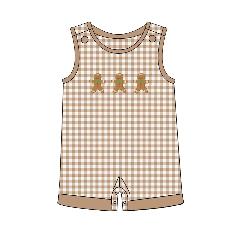 Custom moq 3 eta 6-8 weeks Brown plaid sleeveless shorts jumpsuit with biscuit bear pattern