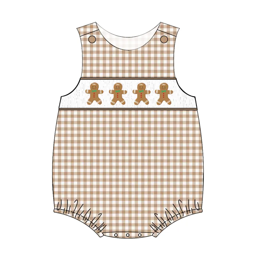 Custom moq 3 eta 6-8 weeks Biscuit Bear Pattern Brown Plaid Sleeveless-Thong Romper