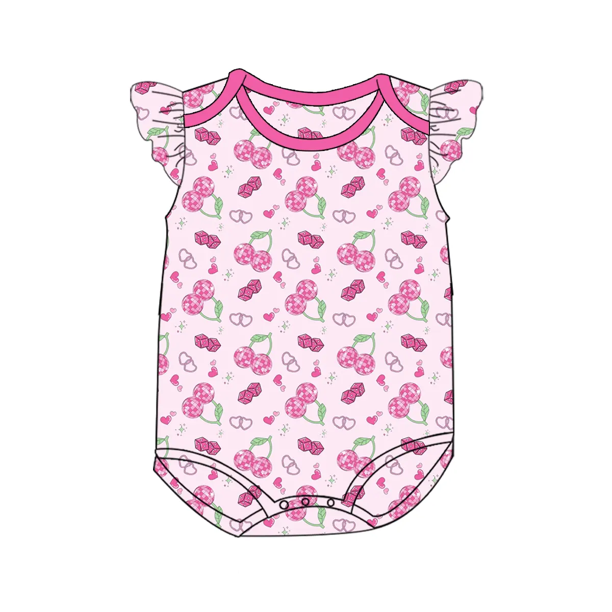 Custom moq 3 eta 6-8 weeks Pink Plaid Cherry-Heart Pattern Flying Sleeve T-Back Jumpsuit