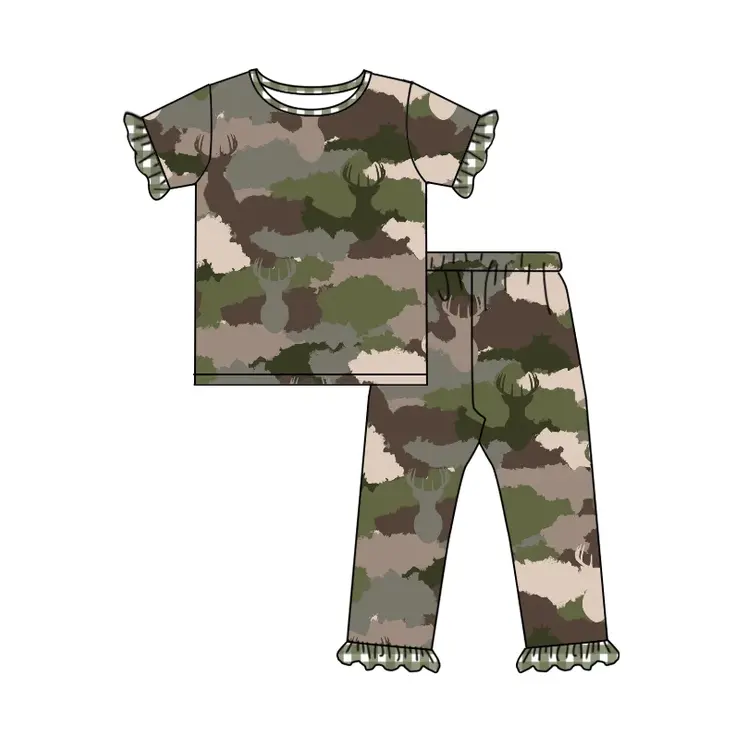 Custom moq 3 eta 7/8week moq 5 eta /4/5week Grey-Brown-Army Green Shaded Pleated Lace Cuff Short Sleeve Pants Set