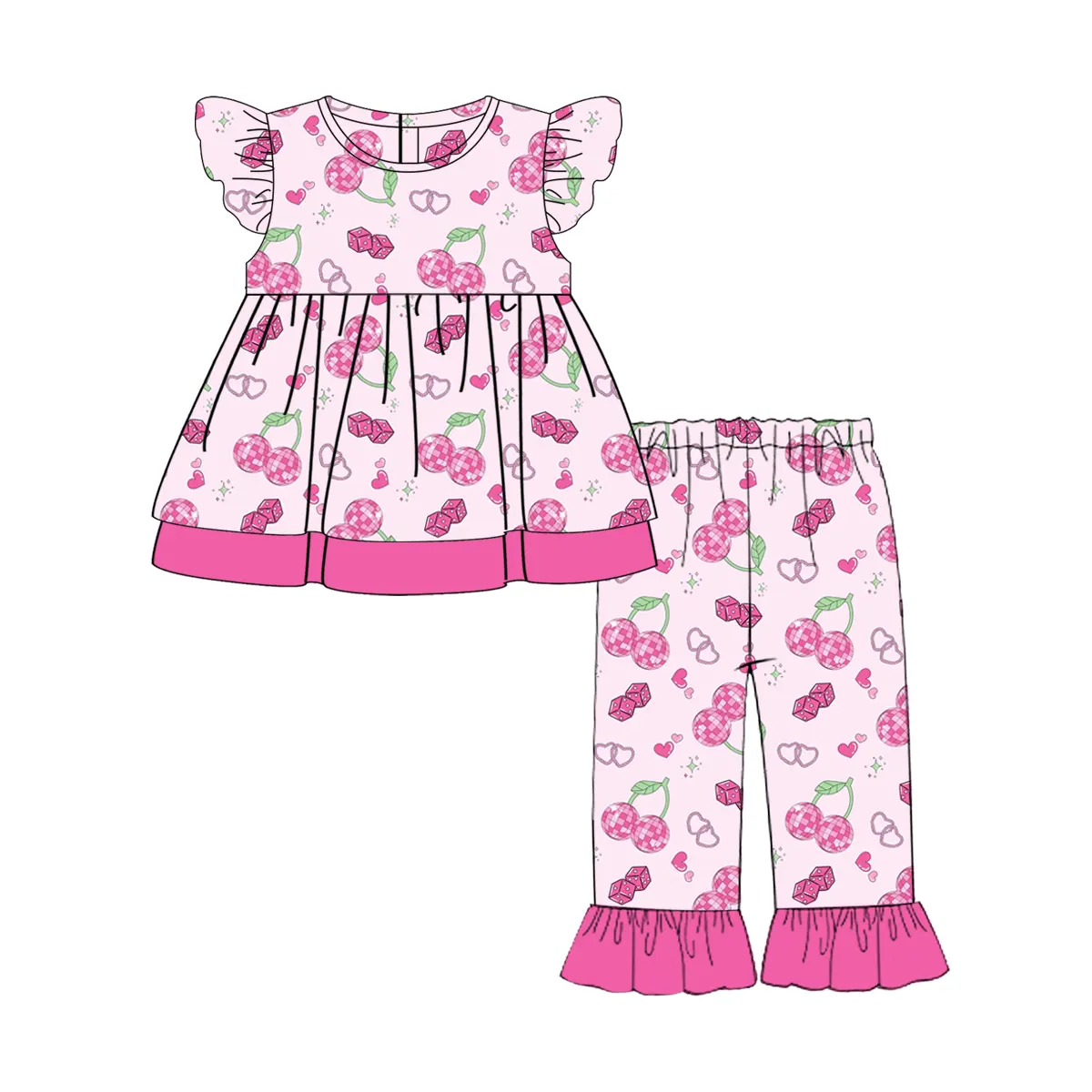 Custom moq 3 eta 6-8weeks Pink Plaid Cherry-Heart Pattern Fly Sleeve Top-Pants Set