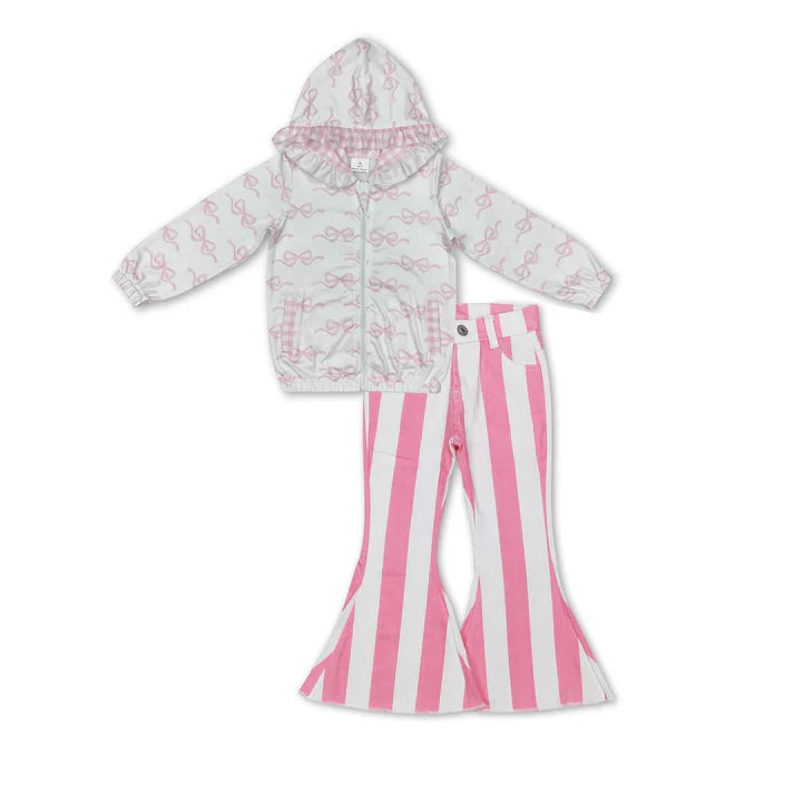 RTS NO MOQ Baby Girls Spring Bows Pink Hooded Zip Pullovers Stripes Bell Denim Jeans Clothes Sets