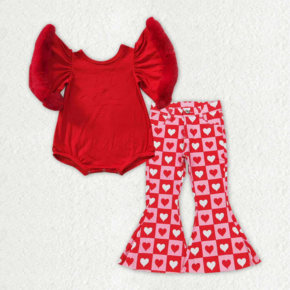 RTS NO MOQ Baby Girls Red Velvet Valentines Hearts Denim Pants Clothes Sets