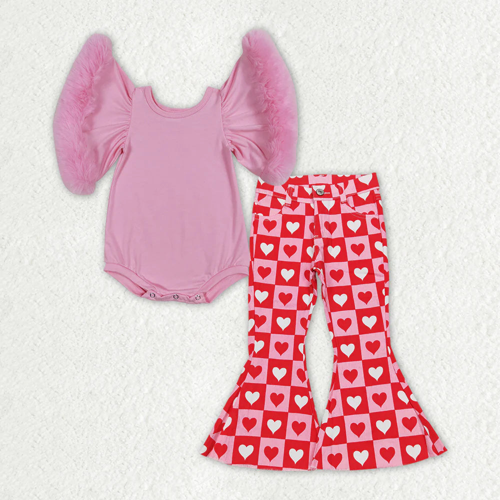 RTS NO MOQ Baby Girls Pink Velvet Valentines Hearts Denim Pants And Tops Outfit Set Cute Baby Girl Clothing Set for Special Occasions