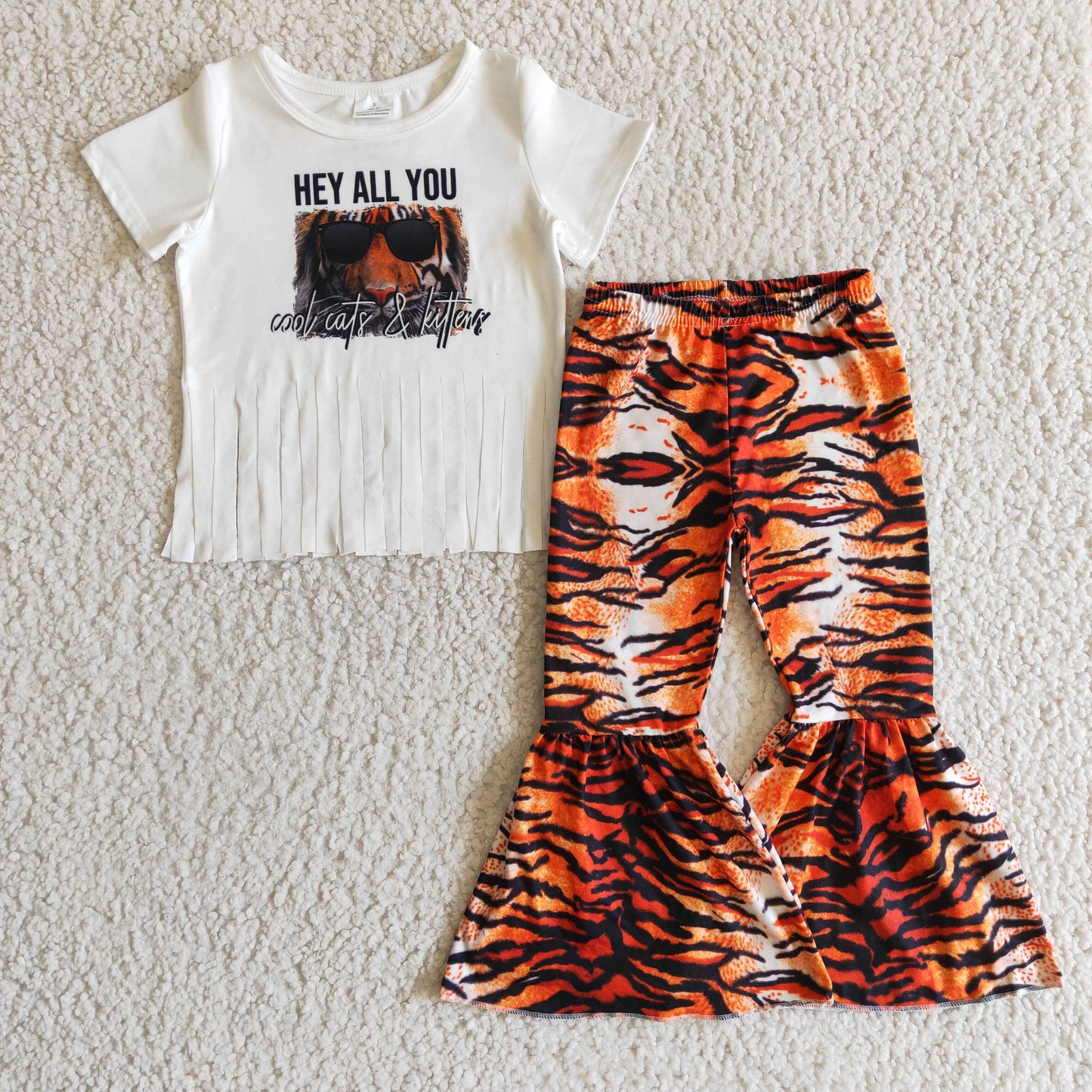RTS NO MOQ B12-16 Kids Clothing Girls Short Sleeve Top And Long Pants Tiger Print