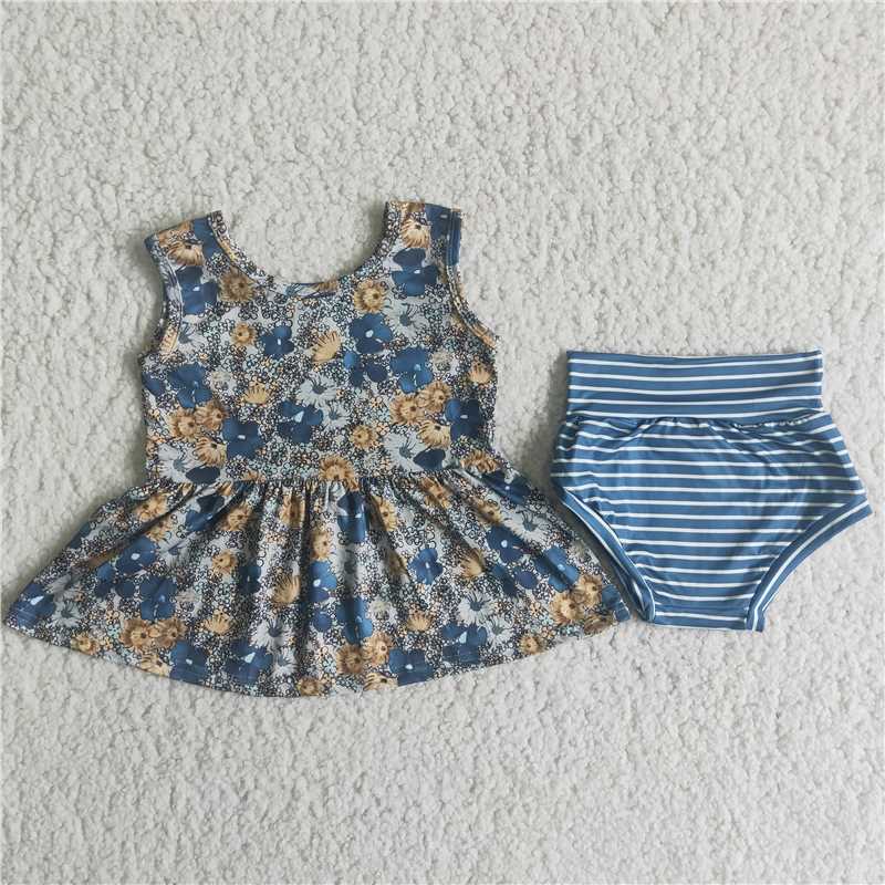 RTS NO MOQ A8-11 Sleeveless Yellow Floral Stripe Thong Set
