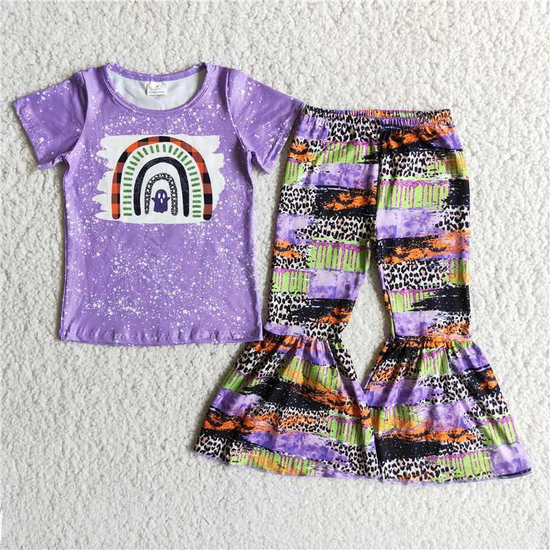 RTS NO MOQ(In Stock) D2-14 Halloween Purple Short Sleeve Leopard Flared Pants Set