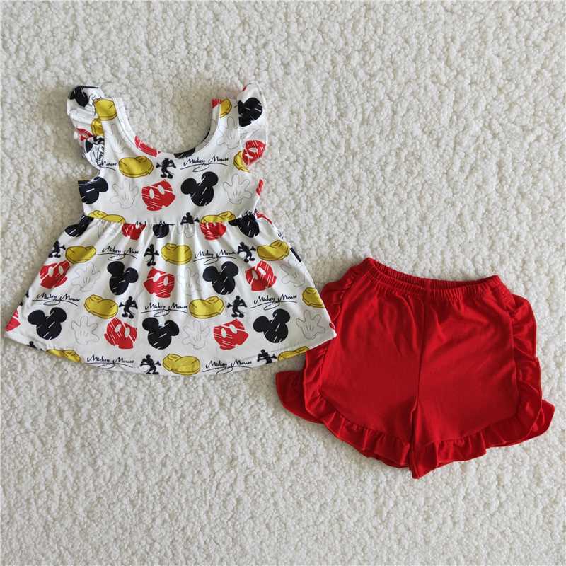 RTS NO MOQ B15-16 Mickey Little Flying Sleeves Red Shorts Set