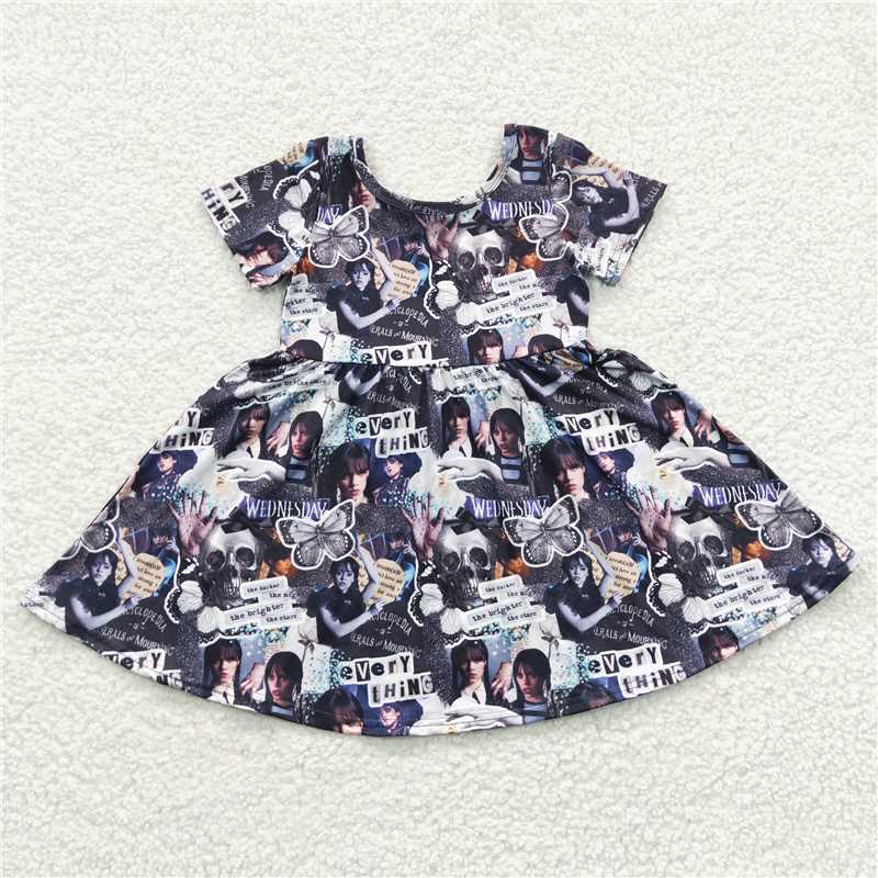 RTS NO MOQ GSD0332 Girls Wednesday Black Short Sleeve Dress