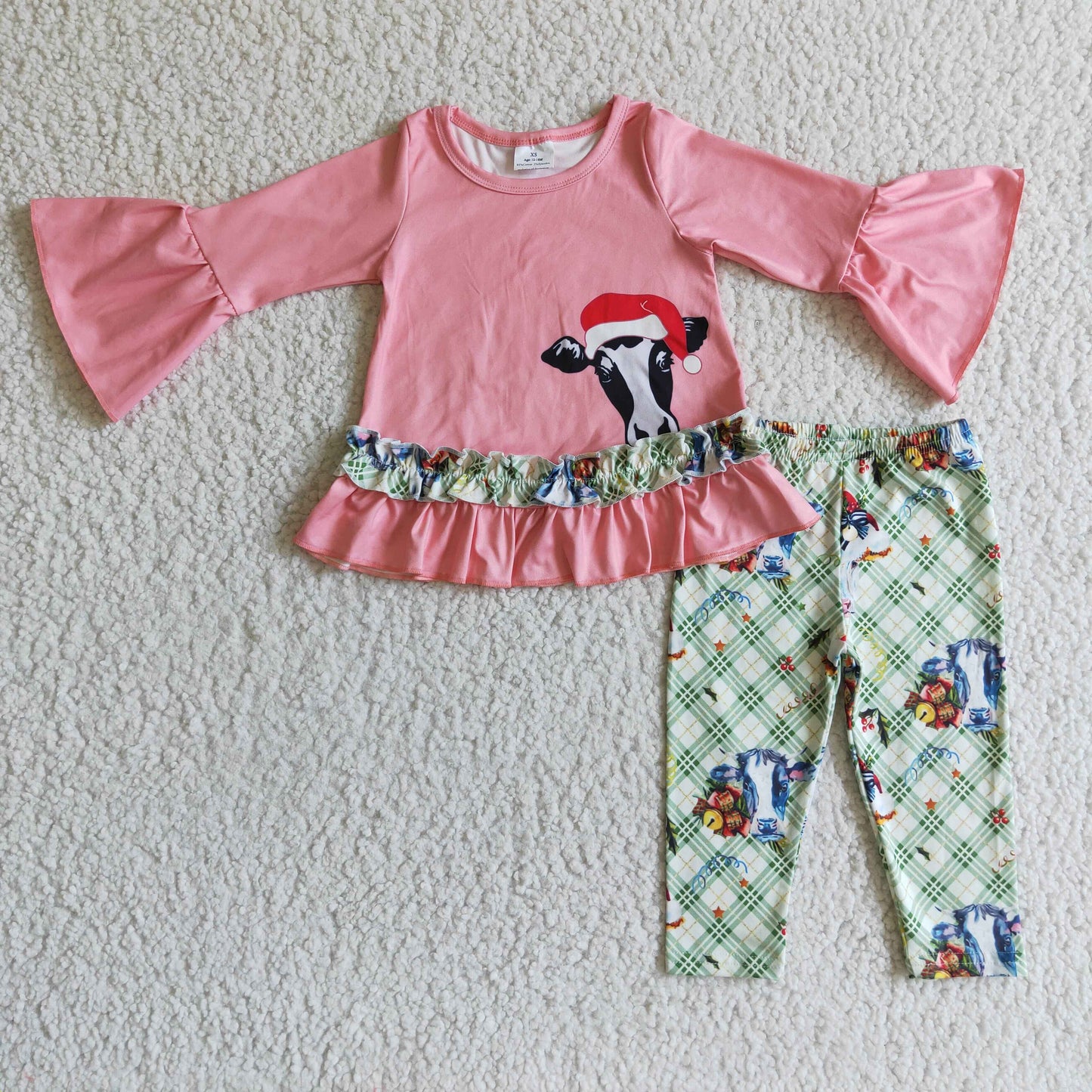 RTS NO MOQ 6 C10-30 girls christmas outfit long sleeve and long pants cow print