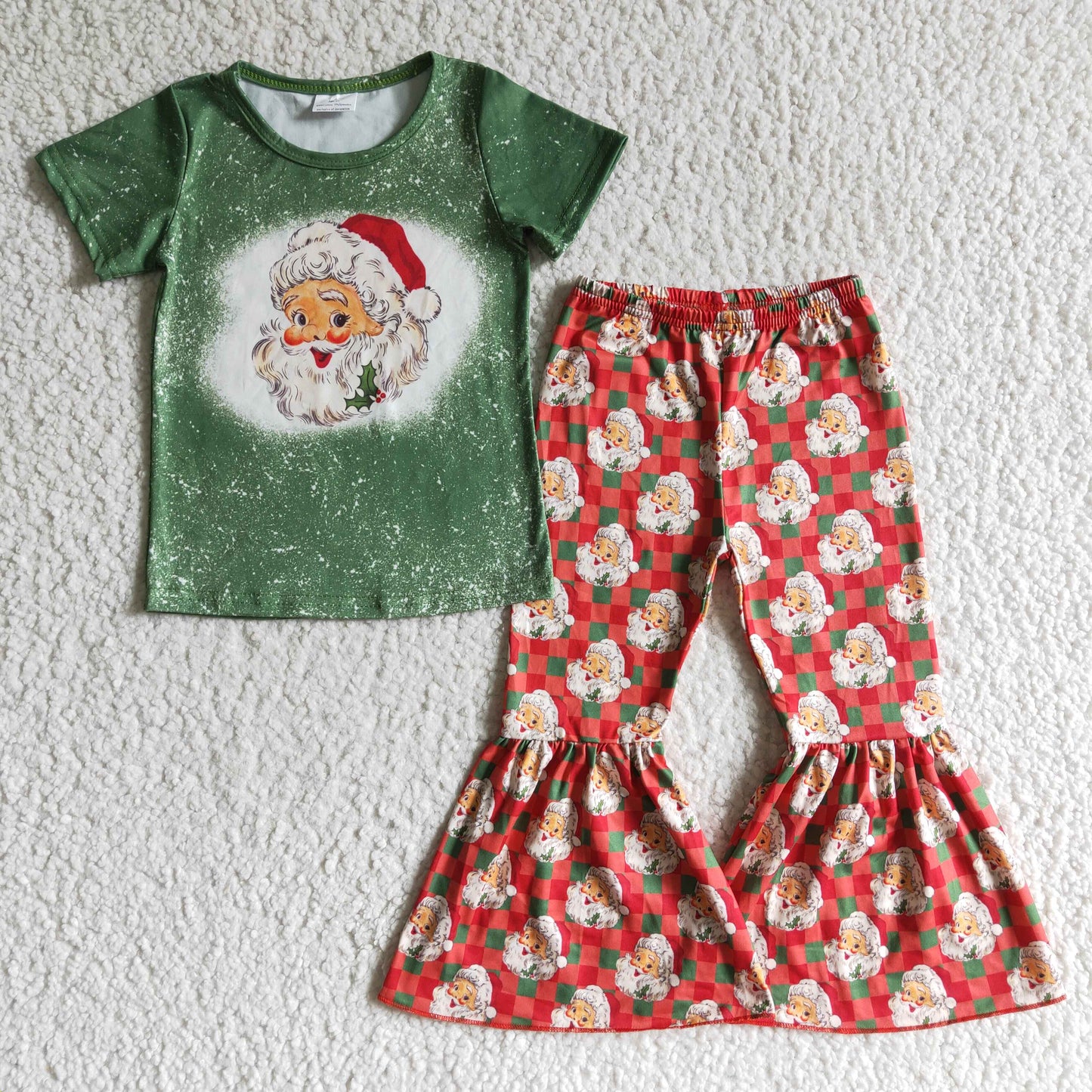 RTS NO MOQ GSPO0182 kids clothing Girls Christmas Short Sleeve Top with pants Santa Claus