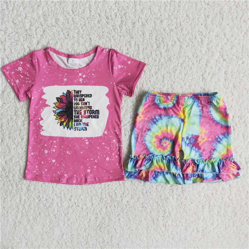 RTS NO MOQ C14-40 Rose Red English Sunflower Tie Dye Shorts Set