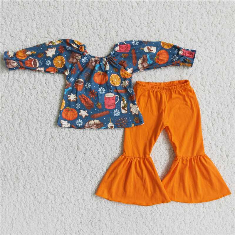 RTS NO MOQ(In Stock) 6 A2-29 Pumpkin Coffee Top Orange Flared Pants Set