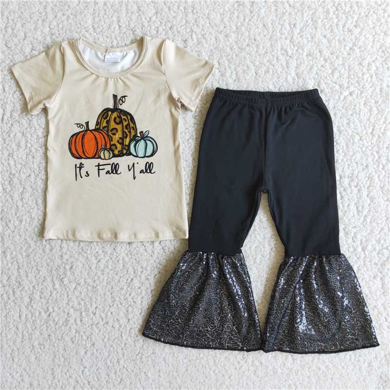 RTS NO MOQ(In Stock) A0-11 Girls Tricolor Pumpkin Short Sleeve Sequin Pants Set