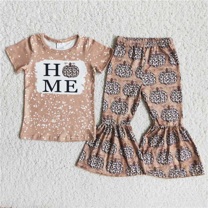 RTS NO MOQ A10-13 Girls Alphabet Top Pumpkin Flared Pants Set