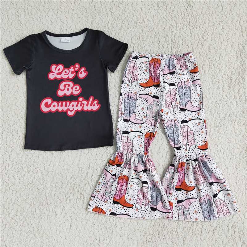 RTS NO MOQ E1-14 Kids Clothing Girls Short Sleeve Top And Long Pants Cartoon Print