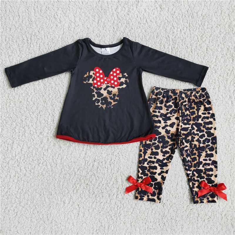RTS NO MOQ(In Stock) 6 A15-17 Kids Clothing Girls Short Sleeve Top And Long Pants Cartoon Leopard Print