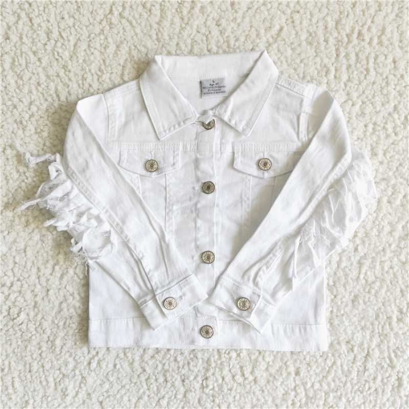 White Denim Top Fringed Long Sleeve Jacket 6 A32-28
