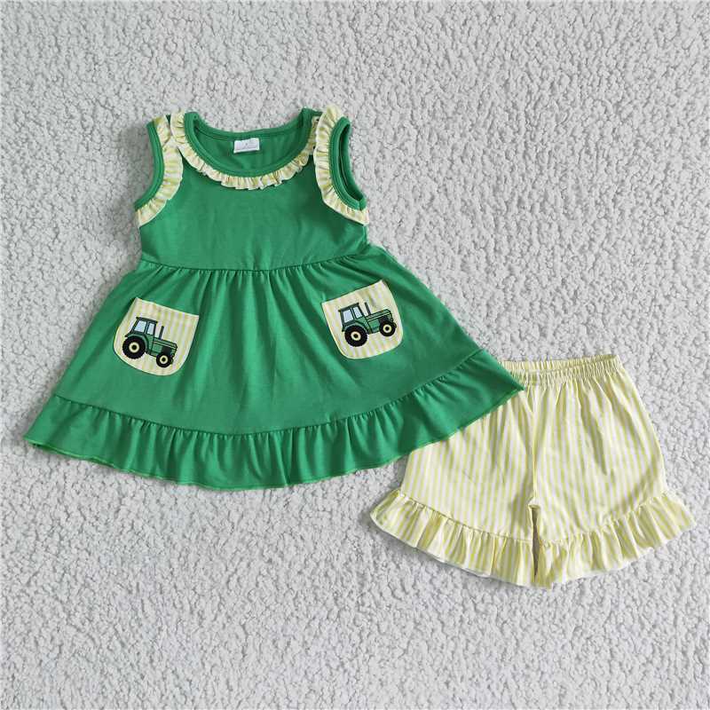 Girls Green Car Pocket Sleeveless Yellow Lace Shorts Outfit