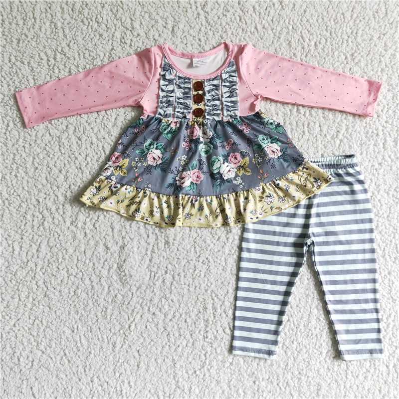 RTS NO MOQ 6 B0-17 Kids Clothing Girls Long Sleeve Top And Long Pants Flower Print