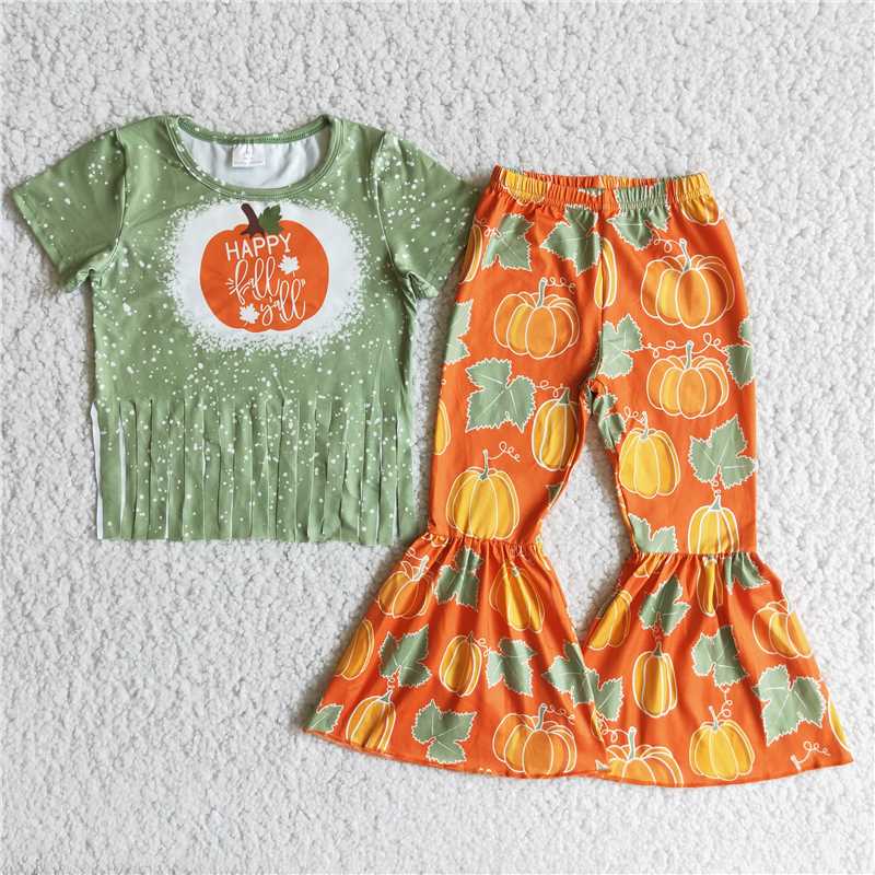 RTS NO MOQ(In Stock) B10-13 Girls Happy Fringe Top Maple Pumpkin Suit