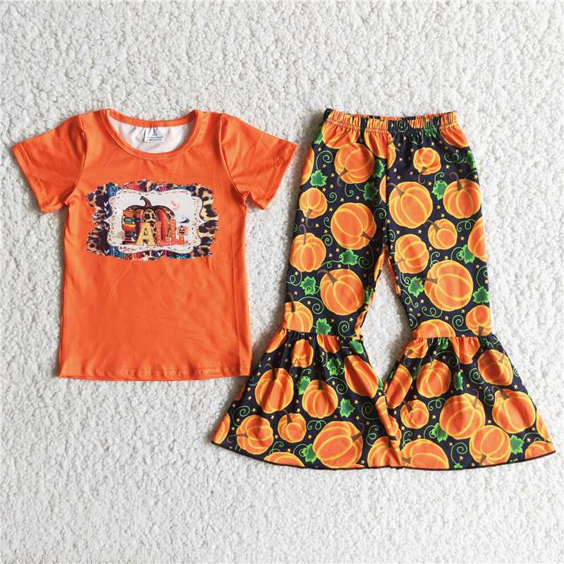 RTS NO MOQ(In Stock) B6-1 Girls Pumpkin Green Leaf Orange Short Sleeve Flared Pants Suit