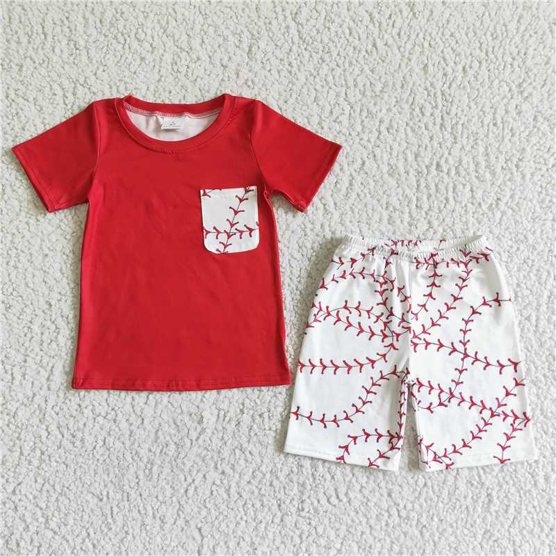 RTS NO MOQ BSSO0022 Boys Red Line Leaf Baseball Pattern White Pocket Short Sleeve Shorts Set